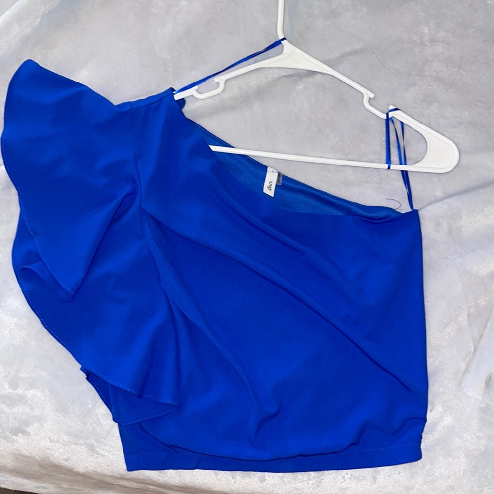 Glam ruffle one sleeve top. Blue. S. Worn once.